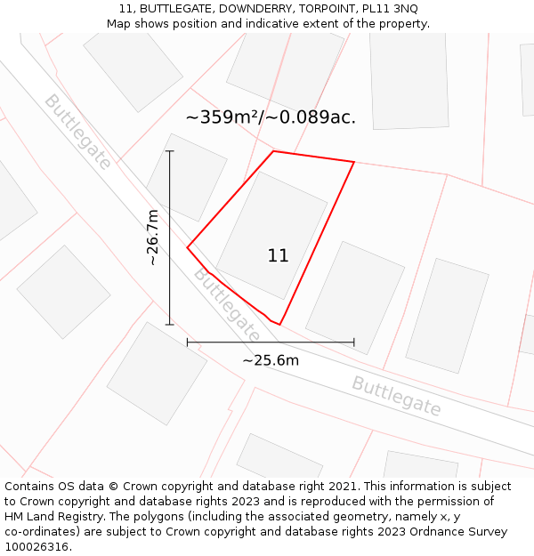 11, BUTTLEGATE, DOWNDERRY, TORPOINT, PL11 3NQ: Plot and title map