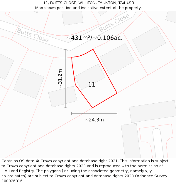 11, BUTTS CLOSE, WILLITON, TAUNTON, TA4 4SB: Plot and title map