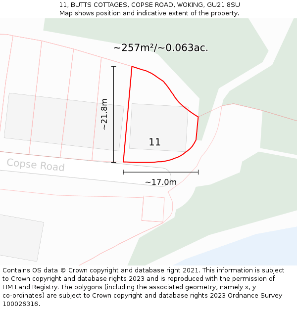 11, BUTTS COTTAGES, COPSE ROAD, WOKING, GU21 8SU: Plot and title map