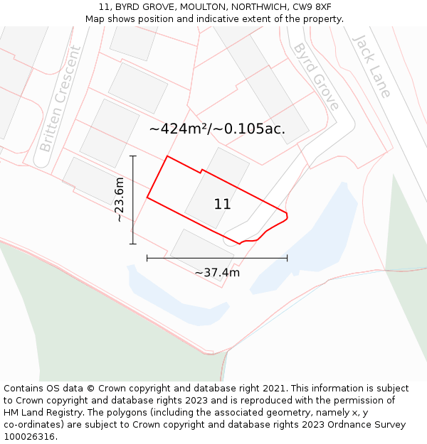11, BYRD GROVE, MOULTON, NORTHWICH, CW9 8XF: Plot and title map