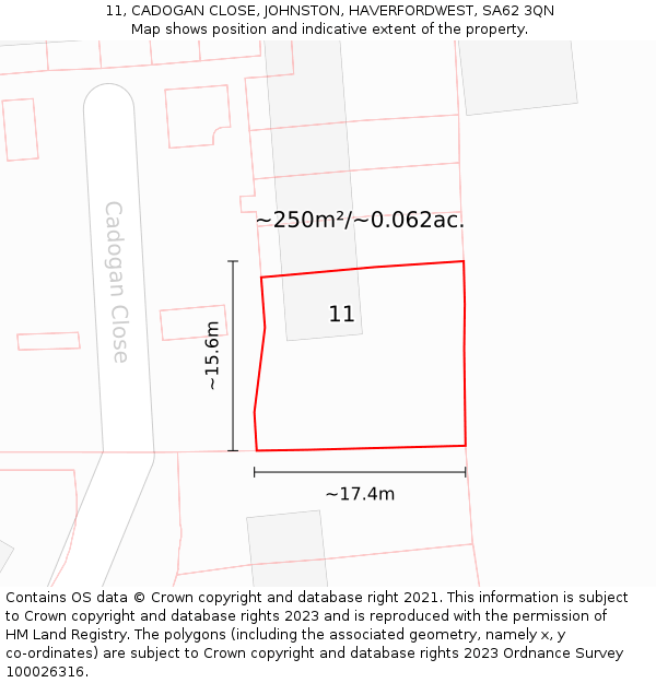 11, CADOGAN CLOSE, JOHNSTON, HAVERFORDWEST, SA62 3QN: Plot and title map