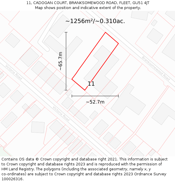 11, CADOGAN COURT, BRANKSOMEWOOD ROAD, FLEET, GU51 4JT: Plot and title map