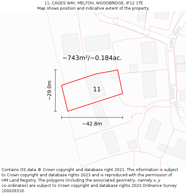 11, CAGES WAY, MELTON, WOODBRIDGE, IP12 1TE: Plot and title map