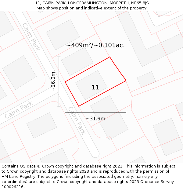 11, CAIRN PARK, LONGFRAMLINGTON, MORPETH, NE65 8JS: Plot and title map