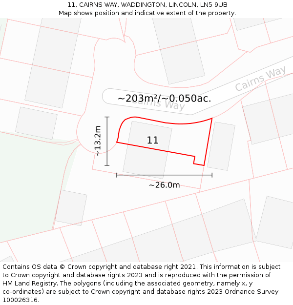 11, CAIRNS WAY, WADDINGTON, LINCOLN, LN5 9UB: Plot and title map