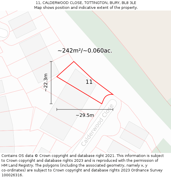 11, CALDERWOOD CLOSE, TOTTINGTON, BURY, BL8 3LE: Plot and title map