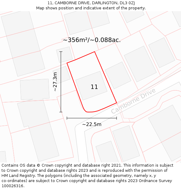 11, CAMBORNE DRIVE, DARLINGTON, DL3 0ZJ: Plot and title map