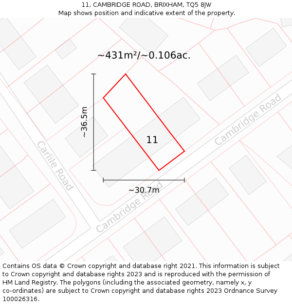 11, CAMBRIDGE ROAD, BRIXHAM, TQ5 8JW: Plot and title map