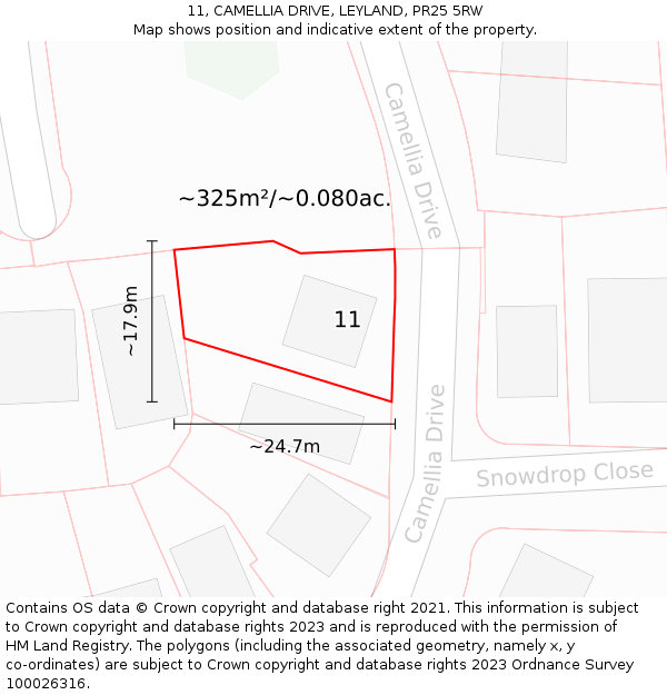 11, CAMELLIA DRIVE, LEYLAND, PR25 5RW: Plot and title map