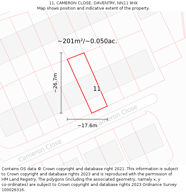 11, CAMERON CLOSE, DAVENTRY, NN11 9HX: Plot and title map