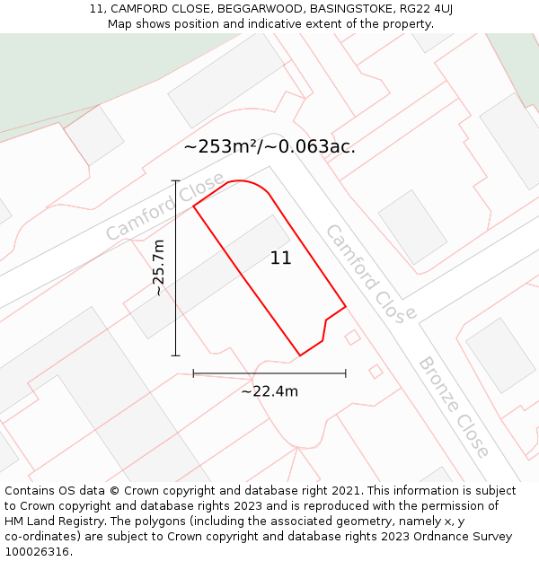 11, CAMFORD CLOSE, BEGGARWOOD, BASINGSTOKE, RG22 4UJ: Plot and title map