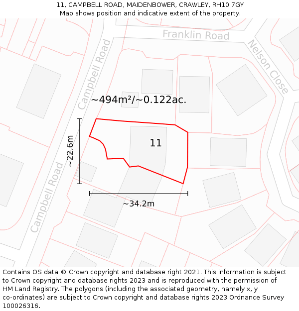 11, CAMPBELL ROAD, MAIDENBOWER, CRAWLEY, RH10 7GY: Plot and title map