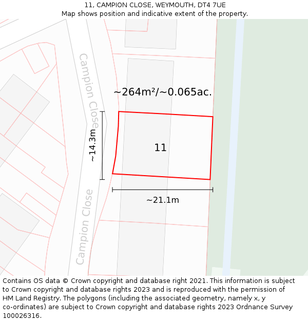 11, CAMPION CLOSE, WEYMOUTH, DT4 7UE: Plot and title map