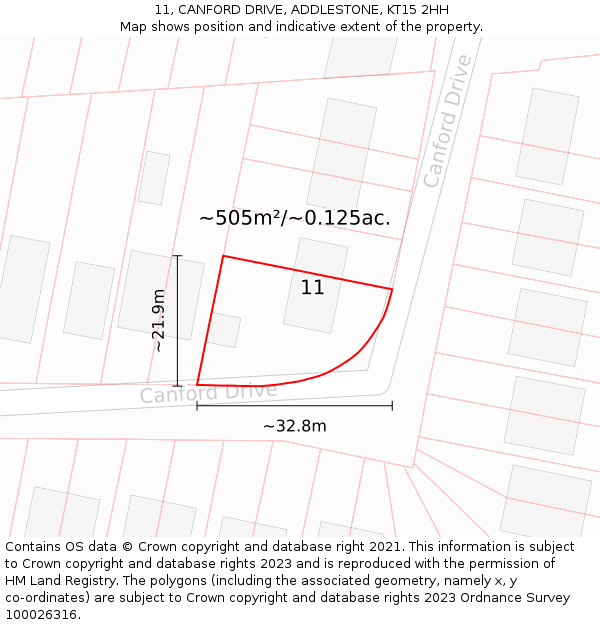 11, CANFORD DRIVE, ADDLESTONE, KT15 2HH: Plot and title map