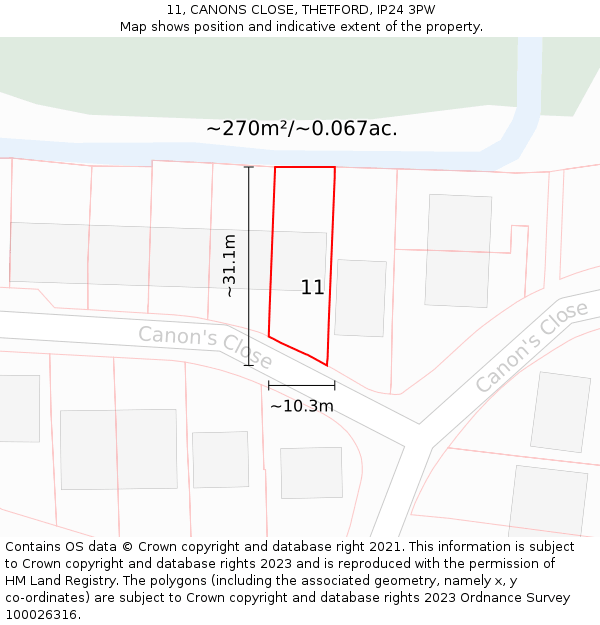 11, CANONS CLOSE, THETFORD, IP24 3PW: Plot and title map