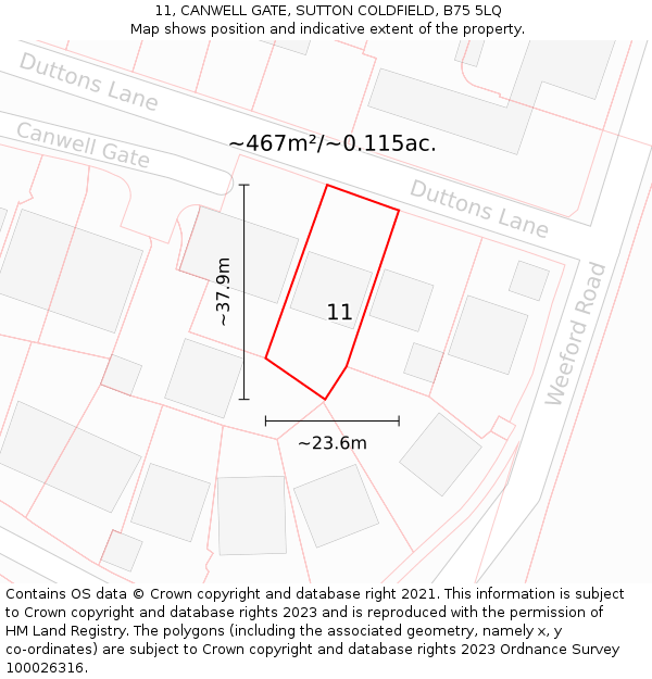 11, CANWELL GATE, SUTTON COLDFIELD, B75 5LQ: Plot and title map
