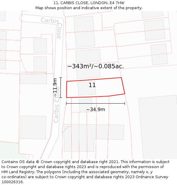 11, CARBIS CLOSE, LONDON, E4 7HW: Plot and title map