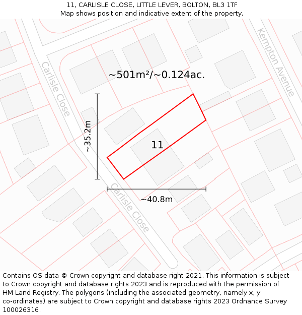 11, CARLISLE CLOSE, LITTLE LEVER, BOLTON, BL3 1TF: Plot and title map