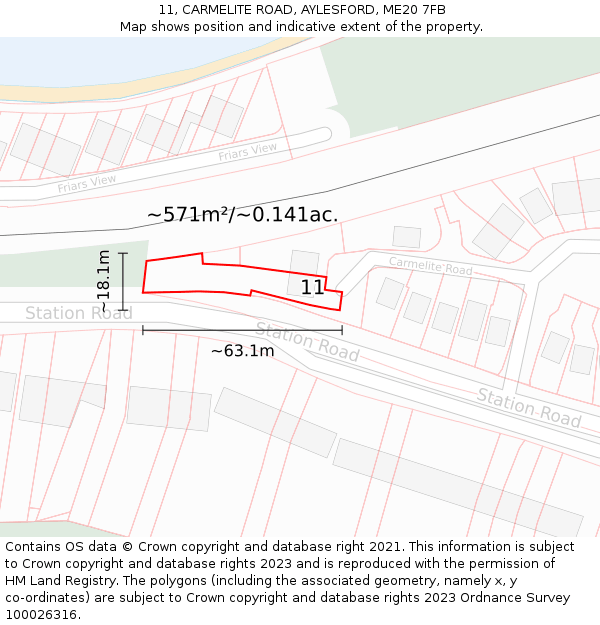 11, CARMELITE ROAD, AYLESFORD, ME20 7FB: Plot and title map