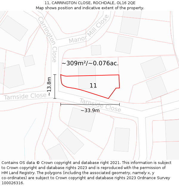 11, CARRINGTON CLOSE, ROCHDALE, OL16 2QE: Plot and title map