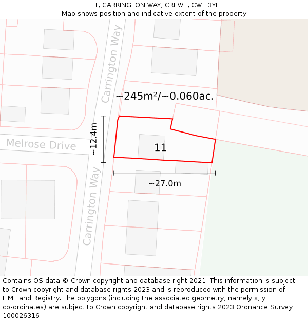 11, CARRINGTON WAY, CREWE, CW1 3YE: Plot and title map