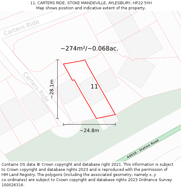 11, CARTERS RIDE, STOKE MANDEVILLE, AYLESBURY, HP22 5YH: Plot and title map