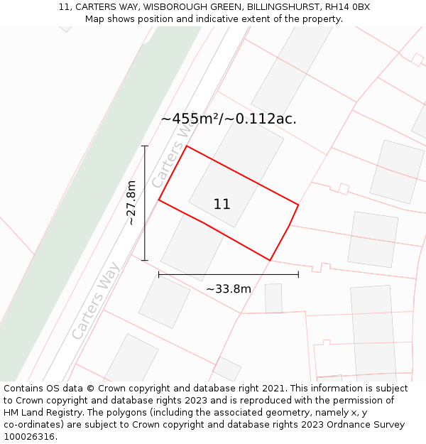 11, CARTERS WAY, WISBOROUGH GREEN, BILLINGSHURST, RH14 0BX: Plot and title map