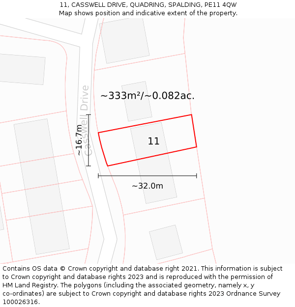 11, CASSWELL DRIVE, QUADRING, SPALDING, PE11 4QW: Plot and title map