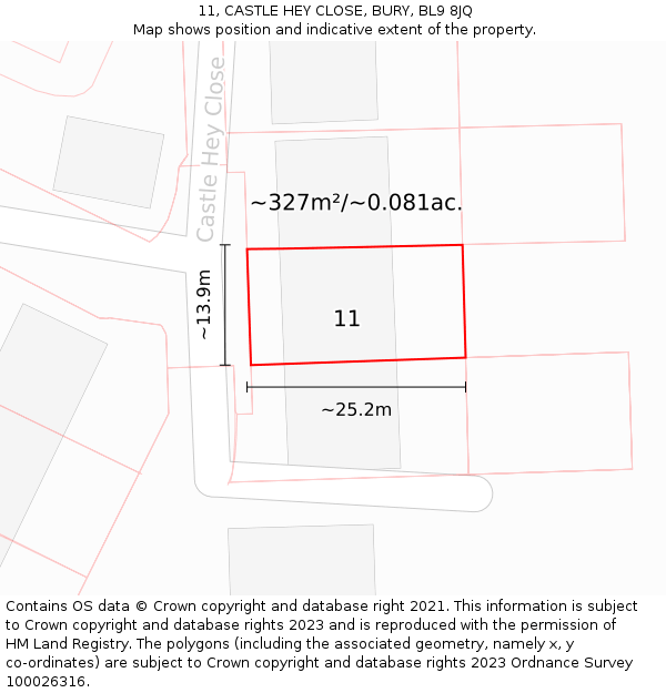 11, CASTLE HEY CLOSE, BURY, BL9 8JQ: Plot and title map