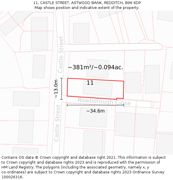 11, CASTLE STREET, ASTWOOD BANK, REDDITCH, B96 6DP: Plot and title map