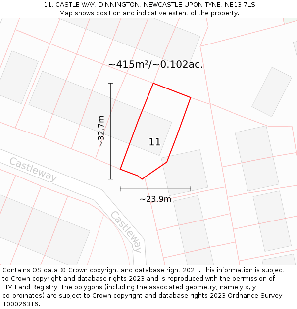 11, CASTLE WAY, DINNINGTON, NEWCASTLE UPON TYNE, NE13 7LS: Plot and title map