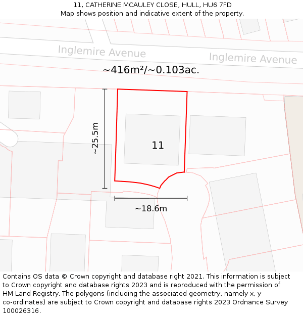 11, CATHERINE MCAULEY CLOSE, HULL, HU6 7FD: Plot and title map