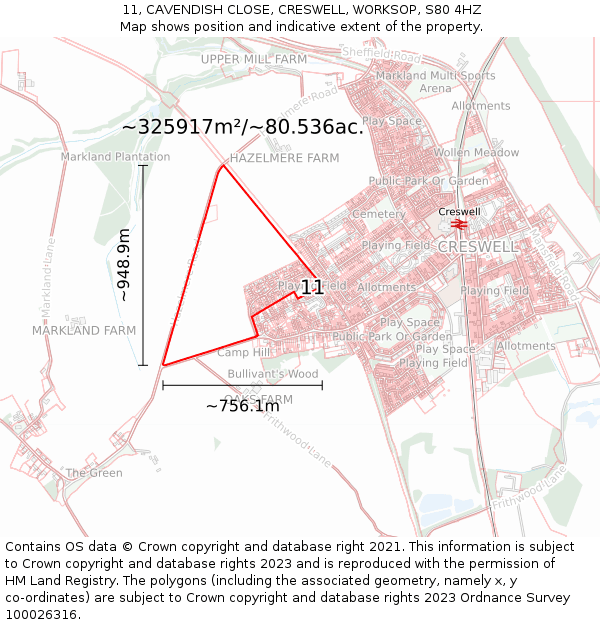 11, CAVENDISH CLOSE, CRESWELL, WORKSOP, S80 4HZ: Plot and title map