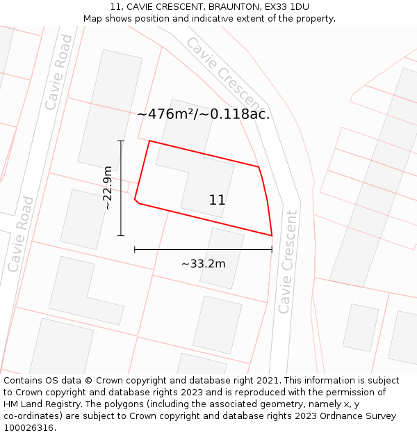 11, CAVIE CRESCENT, BRAUNTON, EX33 1DU: Plot and title map