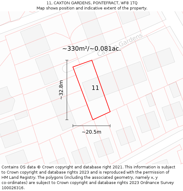 11, CAXTON GARDENS, PONTEFRACT, WF8 1TQ: Plot and title map