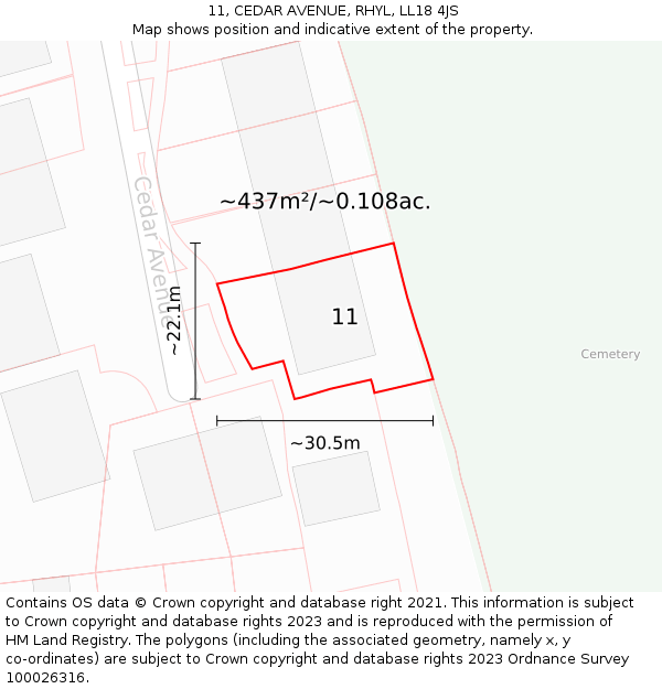 11, CEDAR AVENUE, RHYL, LL18 4JS: Plot and title map