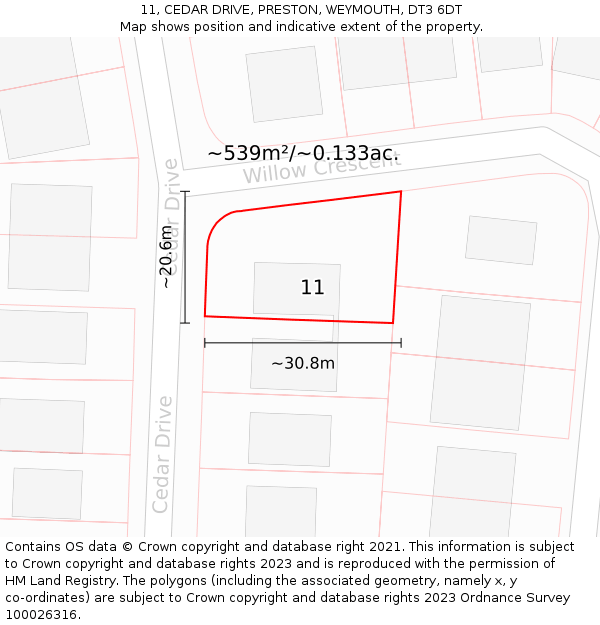 11, CEDAR DRIVE, PRESTON, WEYMOUTH, DT3 6DT: Plot and title map