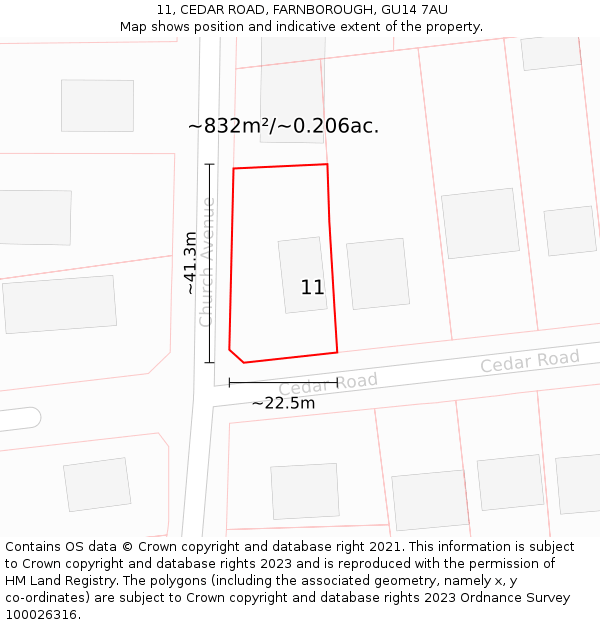 11, CEDAR ROAD, FARNBOROUGH, GU14 7AU: Plot and title map