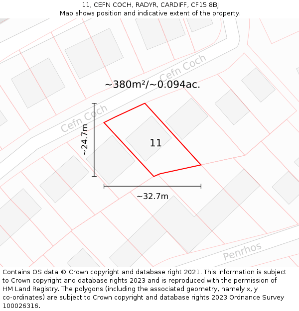 11, CEFN COCH, RADYR, CARDIFF, CF15 8BJ: Plot and title map