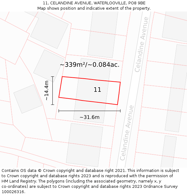 11, CELANDINE AVENUE, WATERLOOVILLE, PO8 9BE: Plot and title map