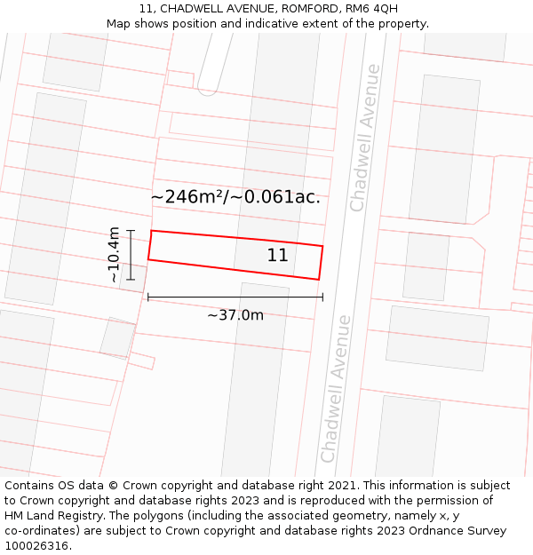 11, CHADWELL AVENUE, ROMFORD, RM6 4QH: Plot and title map