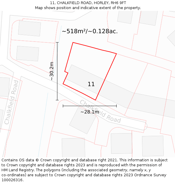 11, CHALKFIELD ROAD, HORLEY, RH6 9FT: Plot and title map