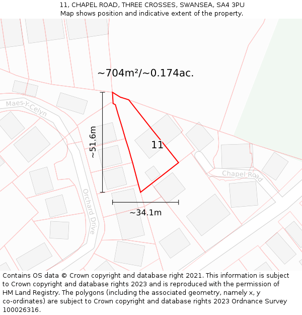 11, CHAPEL ROAD, THREE CROSSES, SWANSEA, SA4 3PU: Plot and title map