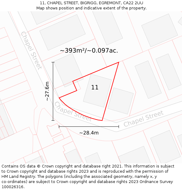 11, CHAPEL STREET, BIGRIGG, EGREMONT, CA22 2UU: Plot and title map