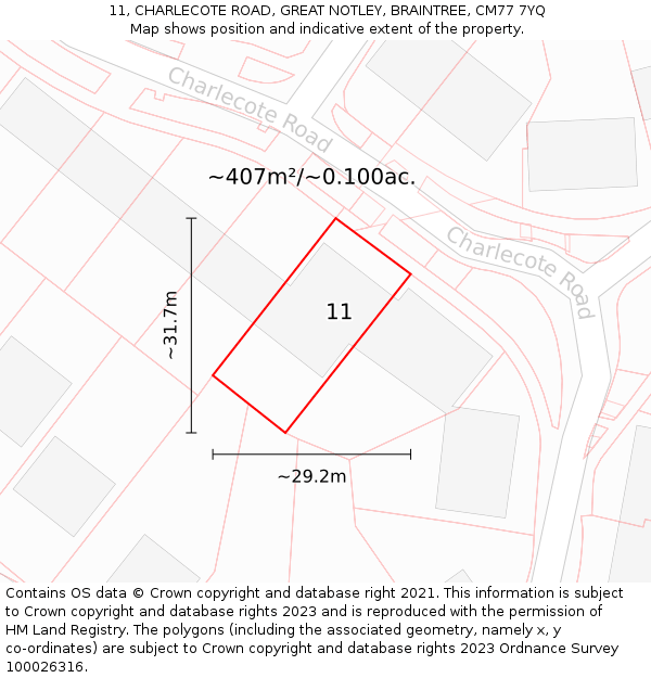 11, CHARLECOTE ROAD, GREAT NOTLEY, BRAINTREE, CM77 7YQ: Plot and title map