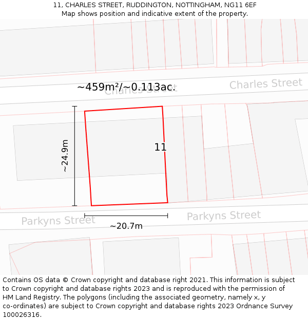 11, CHARLES STREET, RUDDINGTON, NOTTINGHAM, NG11 6EF: Plot and title map