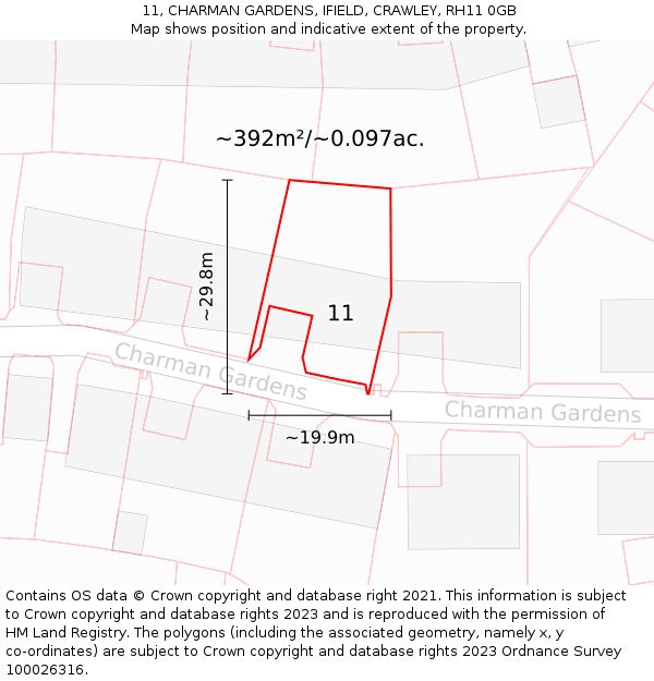 11, CHARMAN GARDENS, IFIELD, CRAWLEY, RH11 0GB: Plot and title map