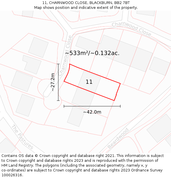 11, CHARNWOOD CLOSE, BLACKBURN, BB2 7BT: Plot and title map