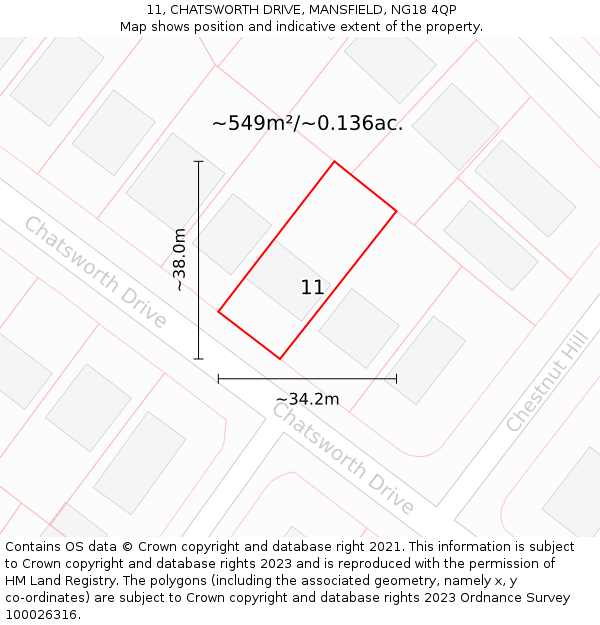 11, CHATSWORTH DRIVE, MANSFIELD, NG18 4QP: Plot and title map