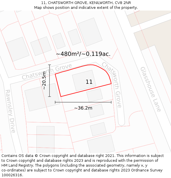 11, CHATSWORTH GROVE, KENILWORTH, CV8 2NR: Plot and title map